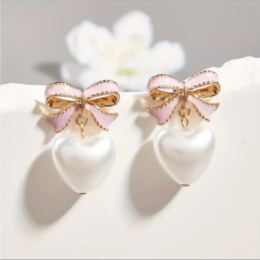 Pink Bow Earrings Faux Pearl Heart Dangle Coquette Style NWT